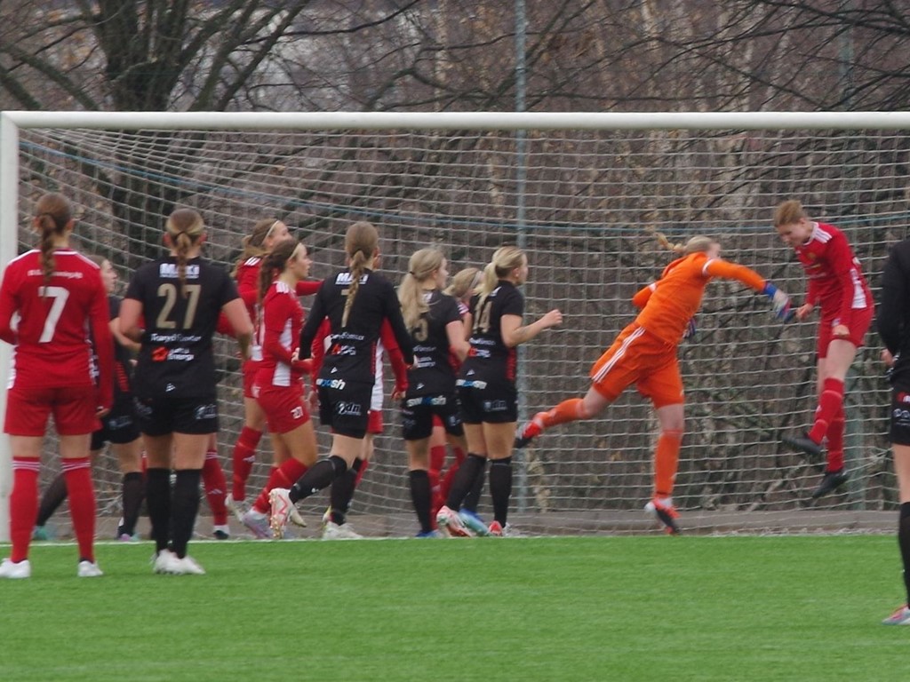 Det osar katt nere vid Alnös mål efter en Luleåhörna men nya keepern Ida Lönnqvist reder ut situationen. Foto: Pia Skogman, Lokalfotbollen.nu.